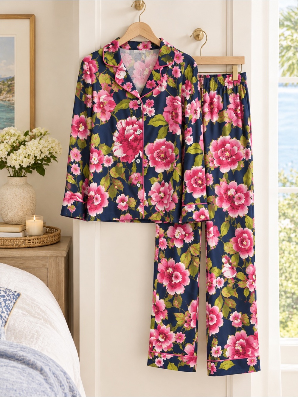 Room Service Women’s Floral Pajama Set - Navy & Pink